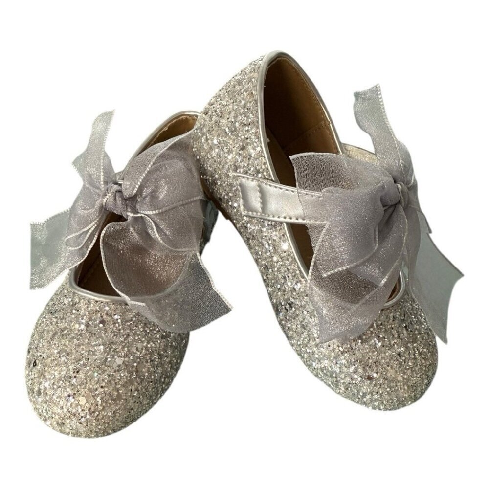 Kiderence Toddler Little Girl Glitter Ballet Flat~Sz 6M~Silver Bow Sparkle P7 15